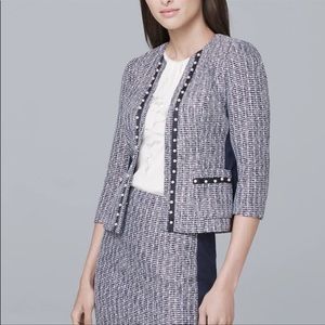 White House Black Market WHBM Navy Blue Tweed Moto Blazer with Faux Pearl Accent